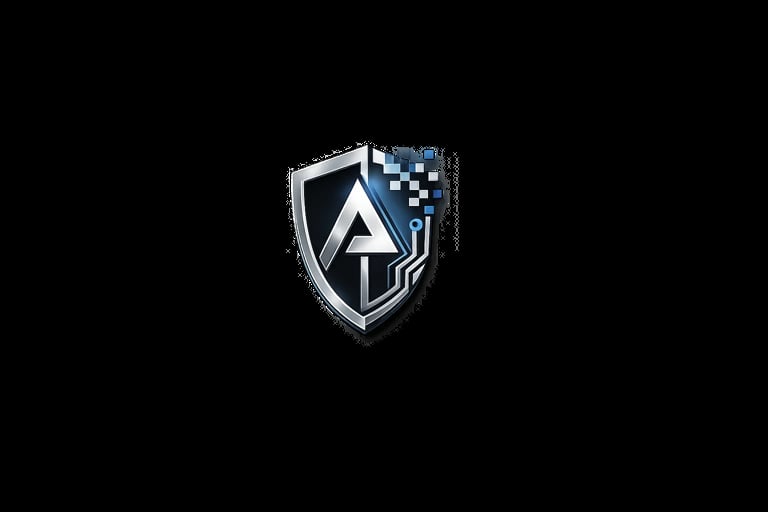 Shield logo with white letter A and blue digital circuit design on black background